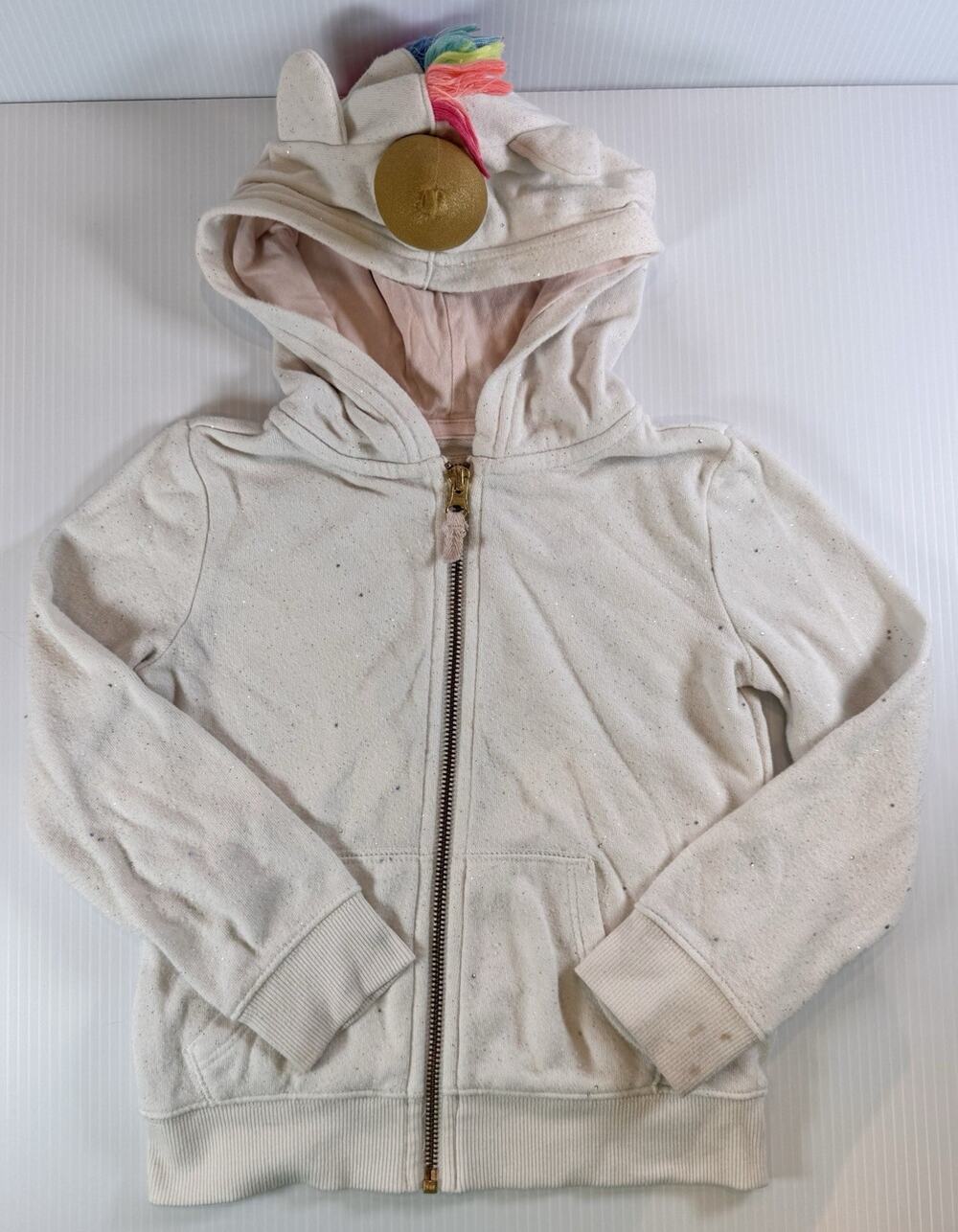 OshKosh Girls 4T Unicorn Hoodie Ivory Cream Sparkle 3D Gold Horn Jacket Mane